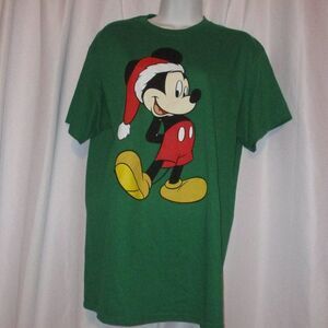 Disney Mickey Mouse Santa Hat Christmas T-Shirt Medium Green